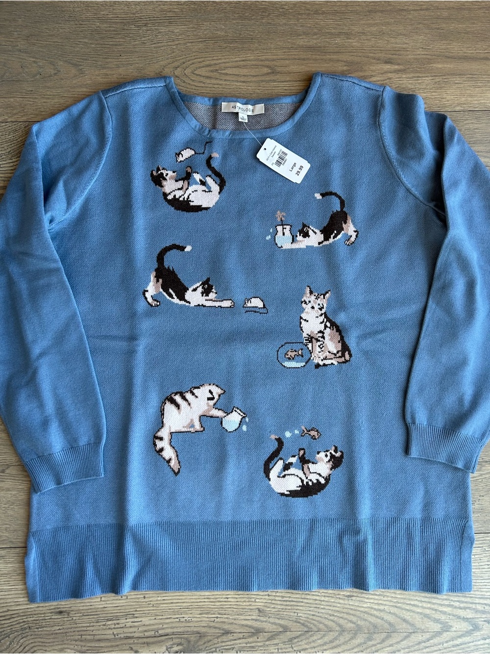 Astrologie Cat Print Blue Sweater NWT